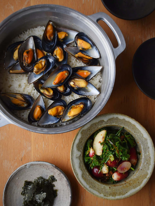 Mussel Steamed Rice with Quick Kimchi